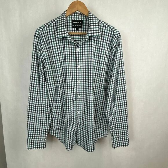 Bonobos Other - Bonobos Slim Fit Button Front Shirt Mens Sz Large Navy Blue Green White Plaid Lo